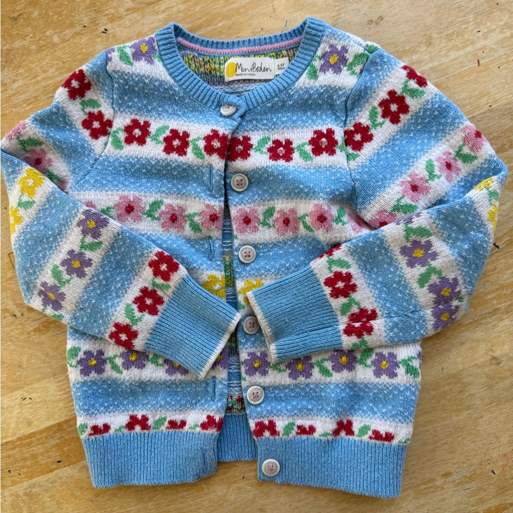 Mini Boden Light Blue Floral Button-Front Cardigan